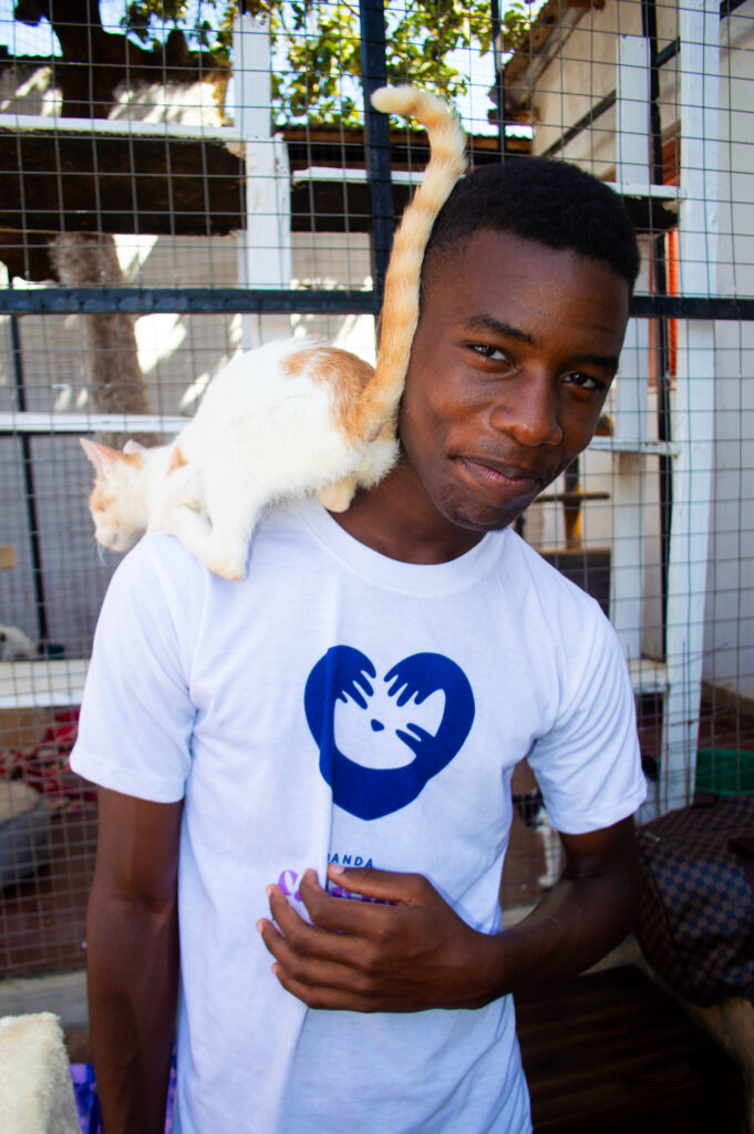 Simon Loza with the cats at Cat Cradle Uganda